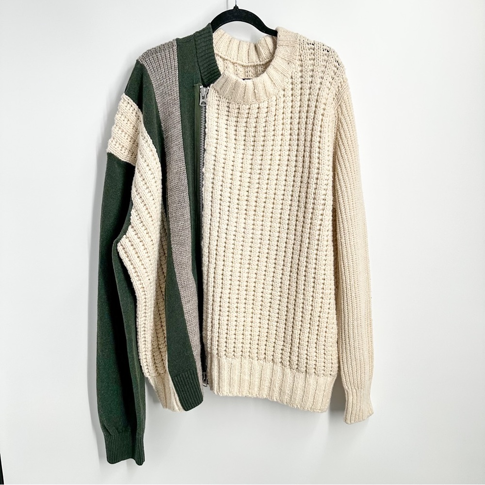 NEW Sacai 100% Wool Stripe Cable knit Oversized Zipper Sweater Cream Green